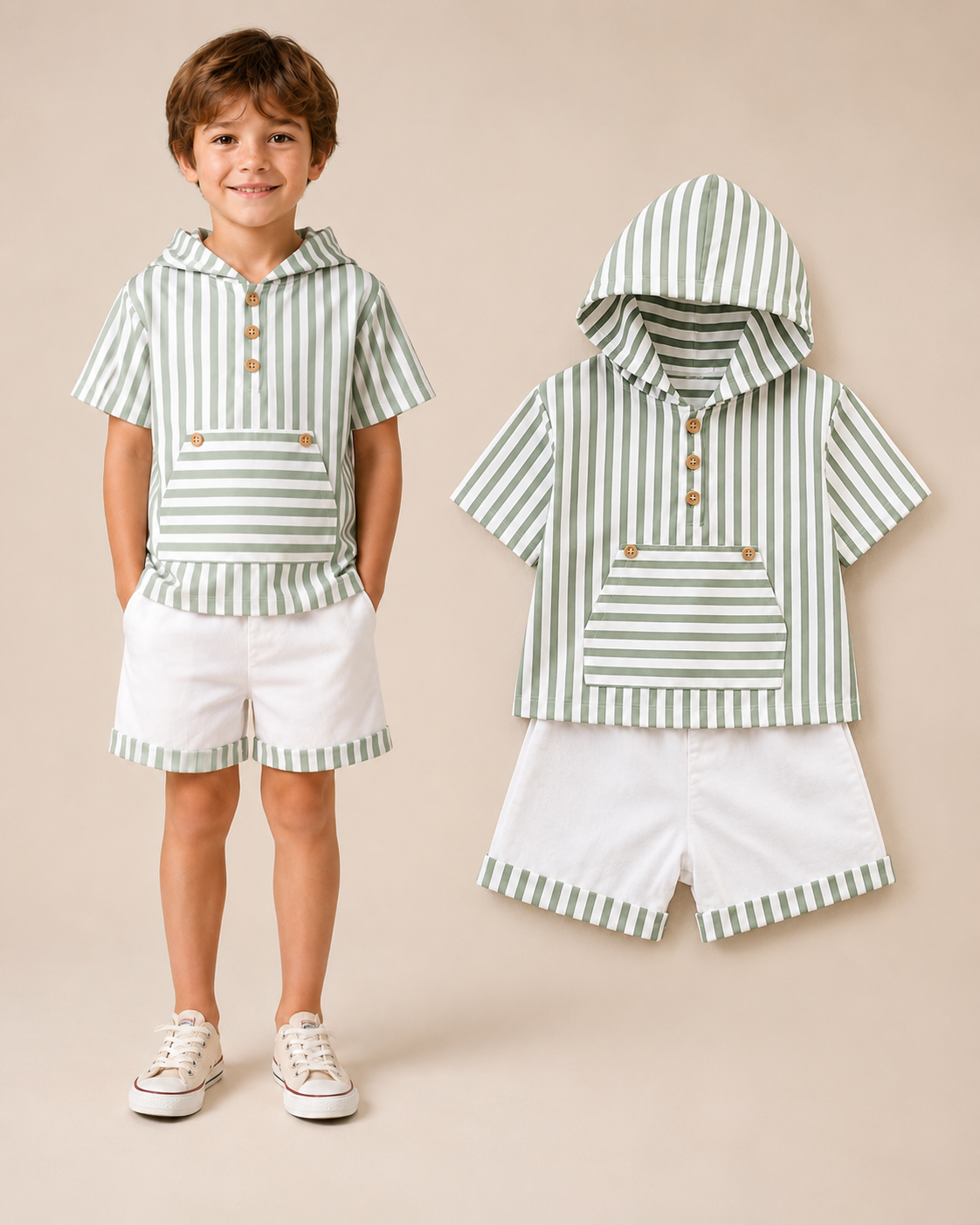 Conjunto infantil tela rayas verde y blanco para niño confeccionado artesanalmente